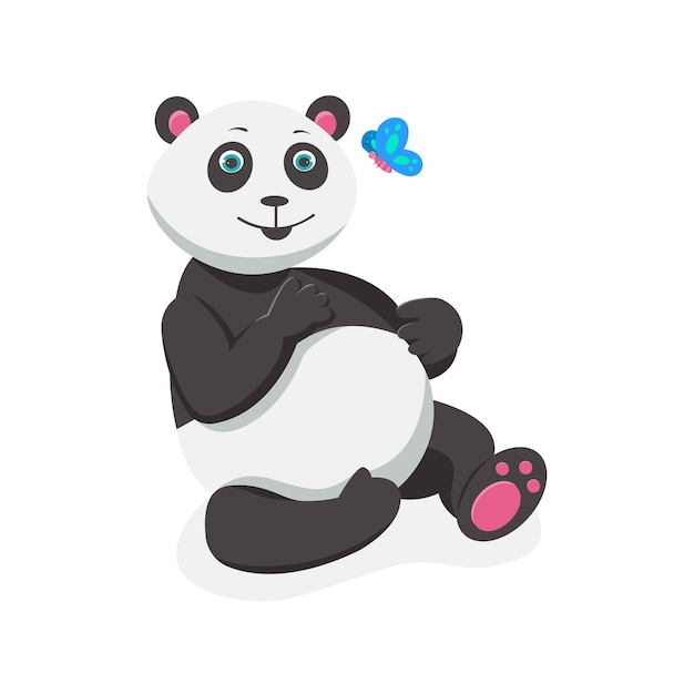 Panda with butterfly cartoon vector illustration