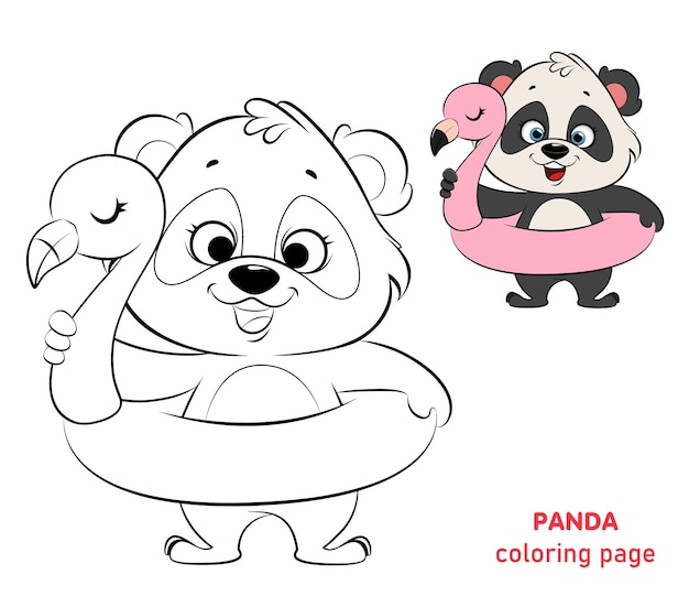 Panda with flamingo inflatable ring coloring page