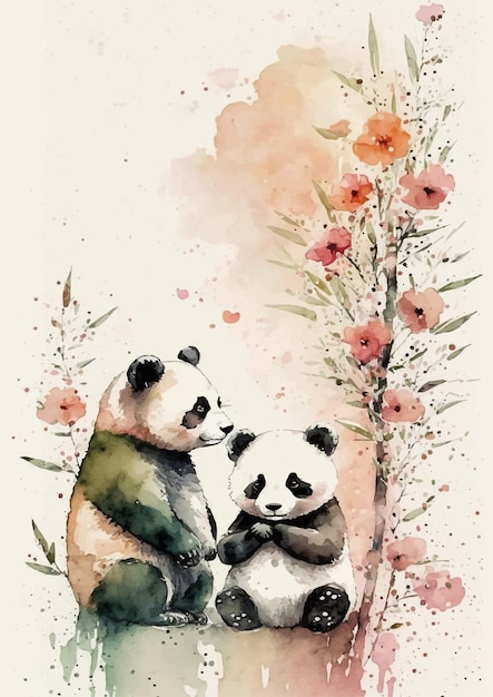 Panda con disegno vettoriale di fiori ad acquerello