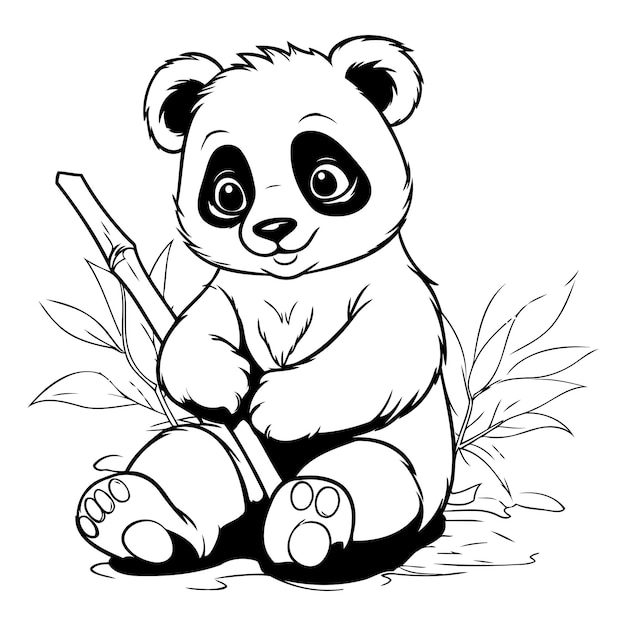 Panda zit en houdt bamboe vast Vectorillustratie voor kleurboek