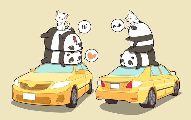 パンダと黄色い車の上の猫