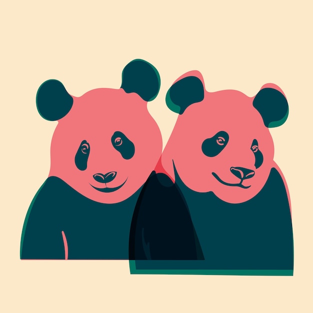 Vector pandas avatar badge poster logo templates print illustration with riso print effect