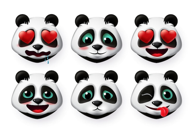 Vector pandas emojis and bear emoticons vector set panda bear head face emoji like shy and in love