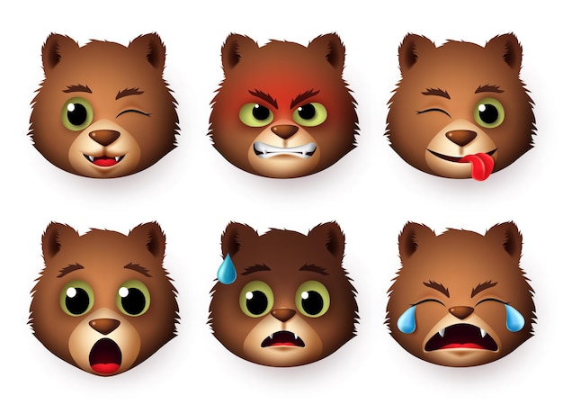 Panda emoticon faccia vettore set emoji di panda orso testa animale arrabbiato e spaventato