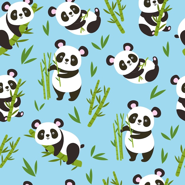 Pandas pattern Seamles baby panda bears with bamboo branches cute china animal vector background illustration