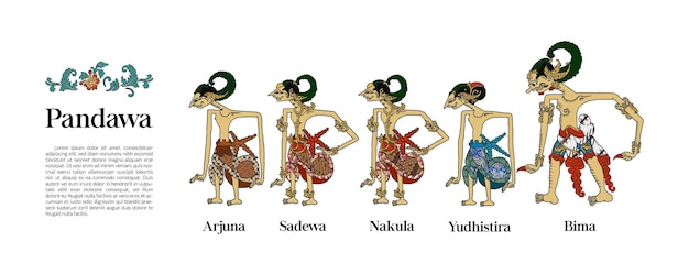 Pandawa wayang illustratie hand getekende indonesische schaduwpop