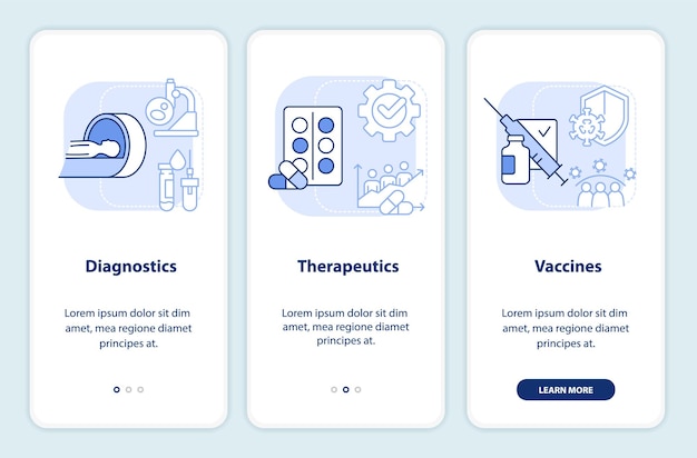 Schermo dell'app mobile di onboarding azzurro della ricerca clinica sulla pandemia