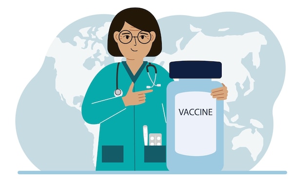 전염병 예방 접종 및 건강 개념 백신 한 병을 든 의사