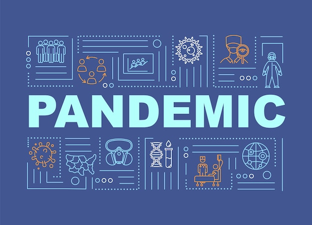 Pandemie woord concepten banner. besmette mensen in quarantaine. gevaar voor virusuitbraak. infographics met lineaire pictogrammen op blauwe achtergrond. geïsoleerde typografie. vector overzicht rgb-kleurenillustratie