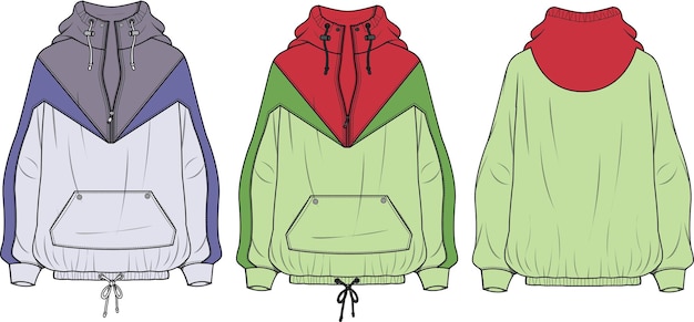 Paneel Anorak Hoodie voor- en achterkant platte schets technische tekening vector illustratie sjabloon