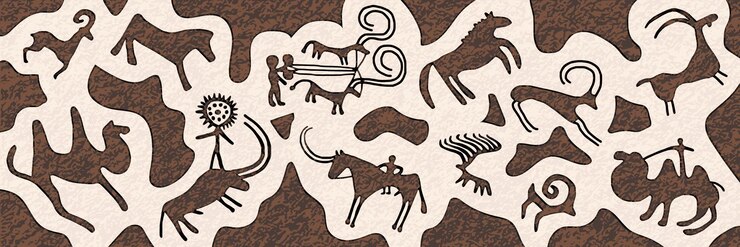 Vector panel on the ethnic theme a series of petroglyphs rock paintings