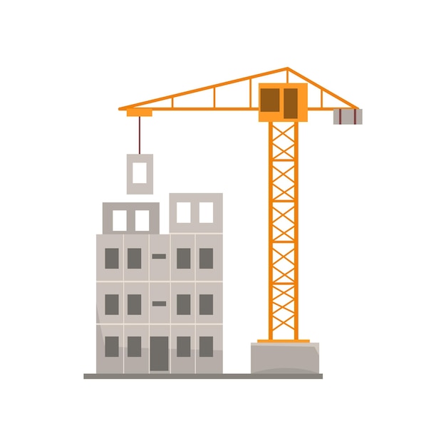 Panel house construction with crane residential house building process vector Illustration isolated on a white background