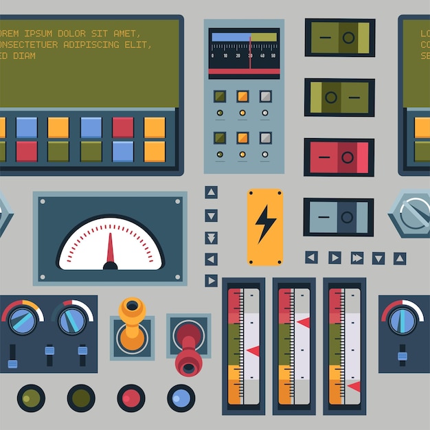Vector panel with buttons knobs and switchers for controlling machinery or system at work screen displaying message pinters and colorful indicators notifying about operation result vector in flat style