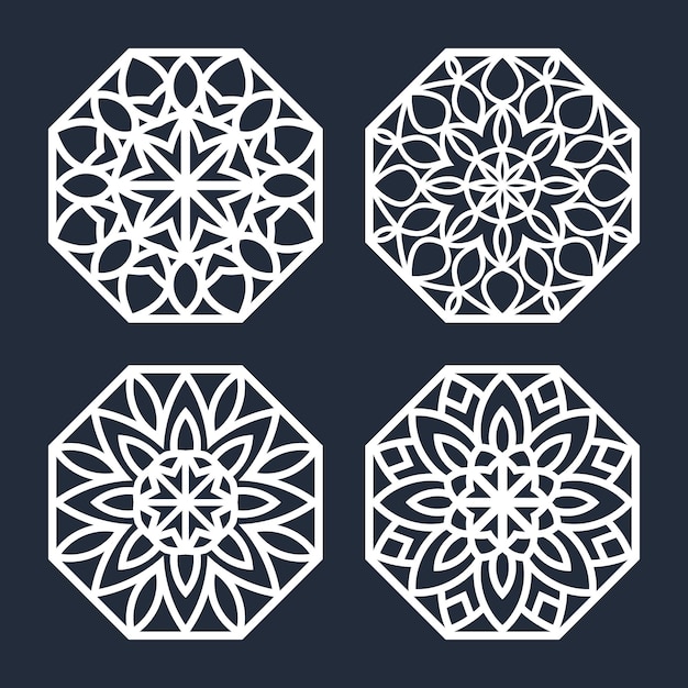 Vector panels coasters with swirls pattern, laser cut template set, vector.