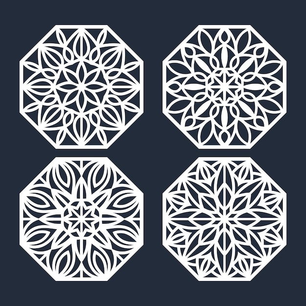 Panels Coasters with swirls pattern, Laser cut template set, vector.