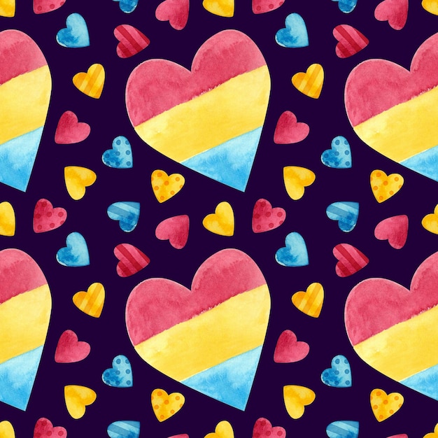 Panexual pride seamless pattern with rainbow hearts LGBTQIA Watercolor clipart