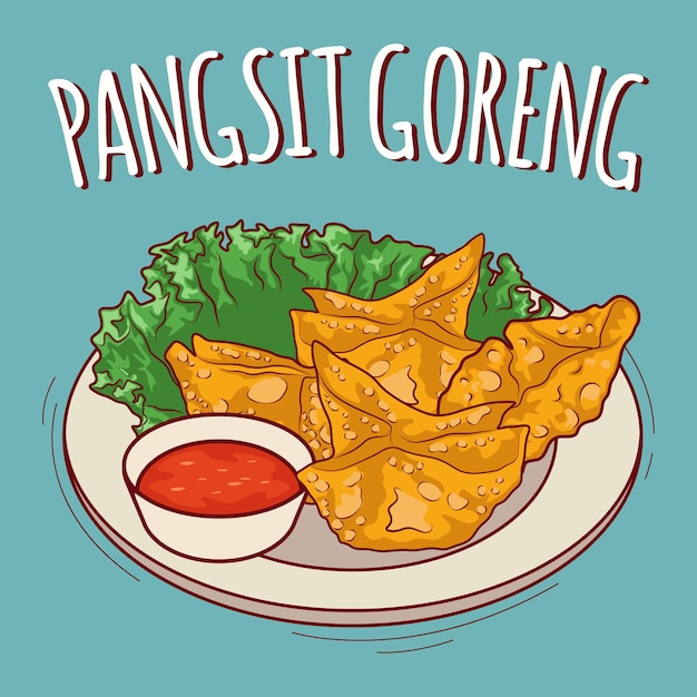 Vector pangsit goreng illustration indonesian food with cartoon style