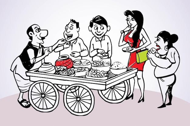 Pani puri is a street food that is a favorite across India, Pani puri seller vector illustration.