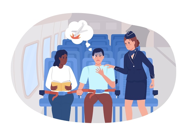 Panic attack during flight 2D vector isolated illustration Man scared in plane flat characters on cartoon background Reassuring air hostess colourful scene for mobile website presentation