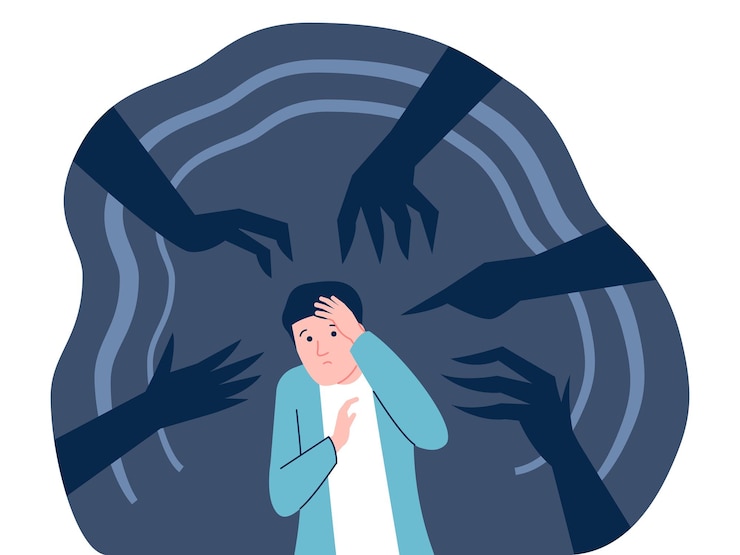 Vector 공황 발작: 남자는 부정적인 감정과 생각을 가지고 있으며, 상상의 악과 위험, 우울증에 빠진 겁에 질린 남성 캐릭터, 최근의 터 개념.