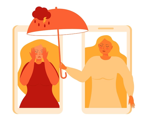 Паническая атака женщины концептуальный вектор Грустная плачущая женщина с длинными светлыми волосами Доктор психиатрии берет зонтик и защищает от дождя Депрессия грусть психическое здоровье Онлайн психология