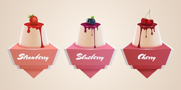 Vector pannacotta stickers. banners with fresh berries. strawberry, cherry and blueberry. traditional italian dessert.