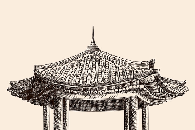 Pannendak van een Chinese pagode op zuilen. FreeHand schets geïsoleerd op een beige achtergrond.