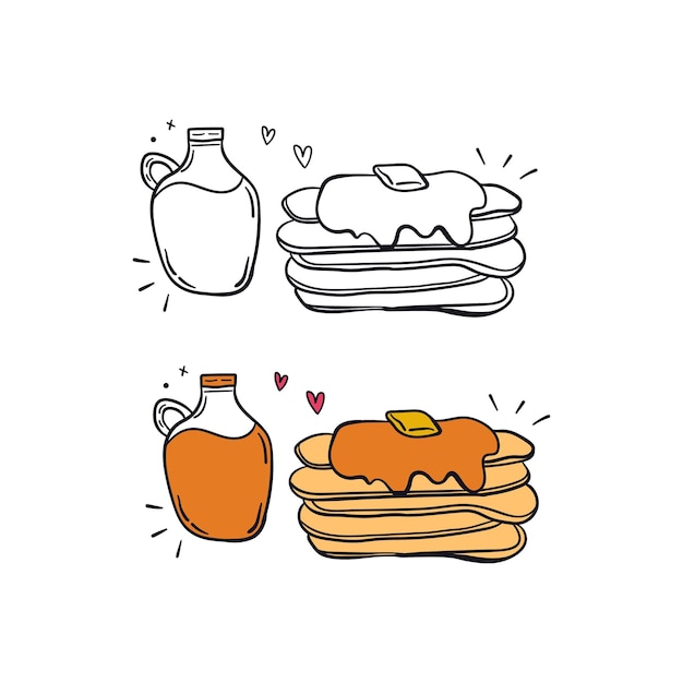 Pannenkoek en honing met boter hand getrokken doodle sticker Leuke voedsel cartoon tekening pictogram illustratie