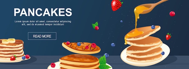 Pannenkoeken horizontale webbanner Zoete pannenkoeken met honing of siroop, bananen en bessen voor ontbijt of heerlijk cafémenu Vector illustratie voor koptekst website omslagsjablonen in modern design