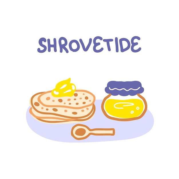 Pannenkoeken met boterhoning en tekst Shrovetide voor logomenustickers en print