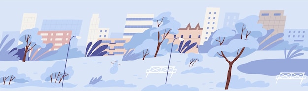 Vector panoraambeeld van een leeg openbaar stadspark met een sneeuwman op een bank en met sneeuw bedekte bomen vreedzaam besneeuwd winterlandschap op de achtergrond van stedelijke gebouwen kleurige platte cartoon vectorillustratie