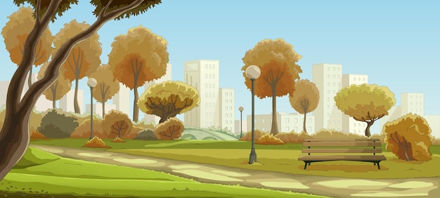 Panoraambeeld van het stadspark met groene bomen struiken en gras lamppost houten bank stoep brug zomerlandschap met leeg vierkant stadsgebouwen op de skyline vector cartoon illustratie