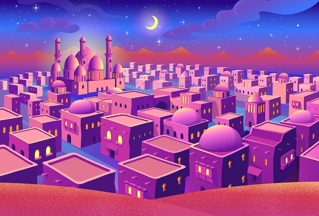 Panorama of ancient arab city with houses and the mosque at night Pink city with perspective Vector illustration in cartoon style