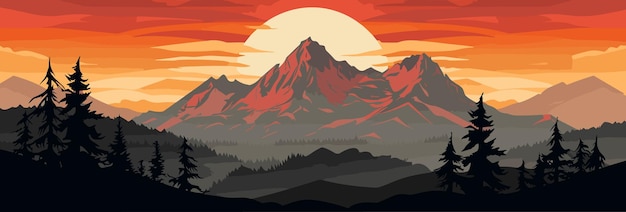 Panorama beautiful mountain evening landscape Vector flat illustration