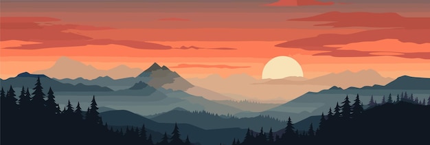 Panorama beautiful mountain evening landscape Vector flat illustration