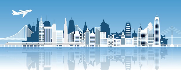 panorama building and city, urban cityscape, vector illustration.