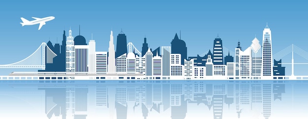 Panorama building and city, urban cityscape, vector illustration.