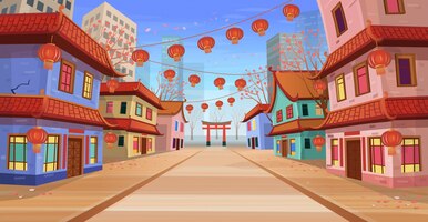 Panorama chinese street with old houses, chinese arch, lanterns and a garland. vector illustration of city street in cartoon style.