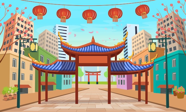 Vector panorama chinese street with old houses chinese arch lanterns and a garland