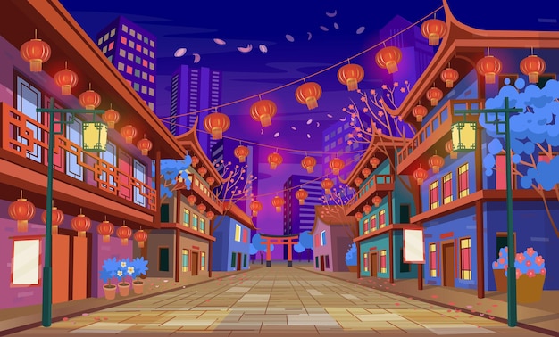 Vector panorama chinese street with old houses chinese arch lanterns and a garland