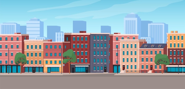panorama of city highrise buildings with shops in them residential construction real estate exterior of buildings in the city