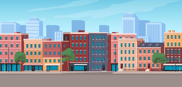 Vector panorama of city highrise buildings with shops in them residential construction real estate exterior of buildings in the city