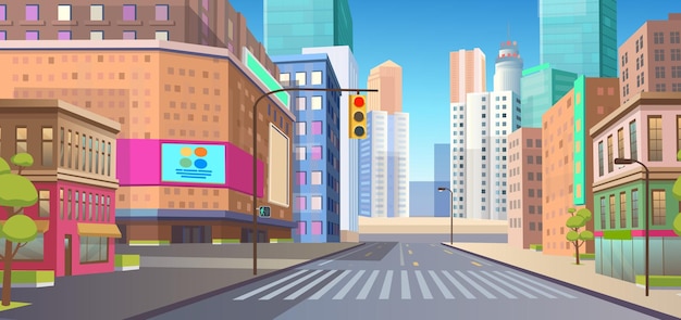 Vector panorama city with shops building crossing mall and traffic light vector illustration in flat style