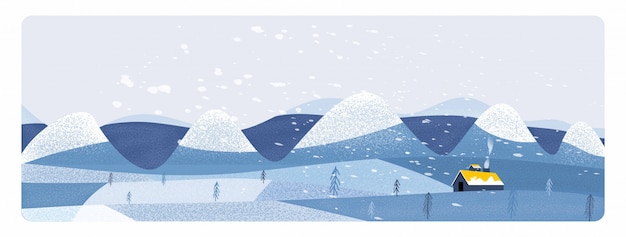 Vector panorama  illustration of countryside landscape in winter. banner of free form  farm landscape in winter.