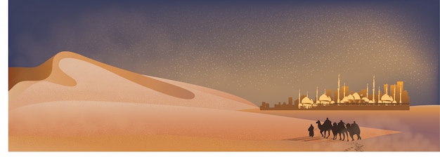 ベクトル モスク、砂丘、ほこりで砂漠を通ってラクダとアラビアの旅のパノラマ風景