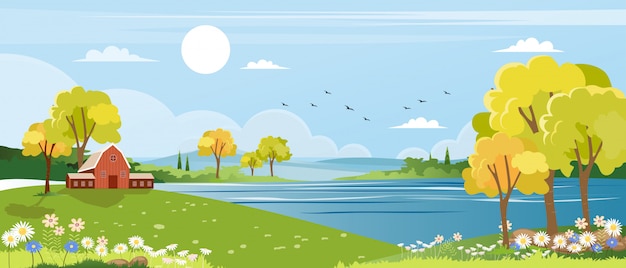 Вектор Панорама пейзажей весенней деревни с зелёным лугом на холмах с голубым небом