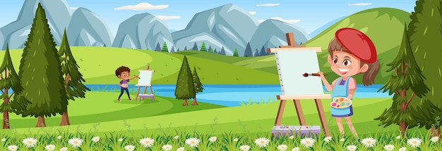 Panorama landscape scene with an artist girl painting at the park