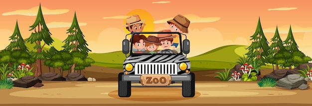 Vector panorama landscape scene with many kids in the car travelling the forest