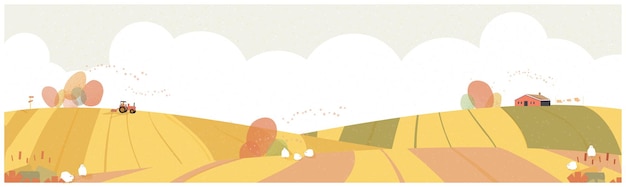 Vector panorama landscape vector illustrationminimal countryside in autumnfarmhouse and truck in crops fi