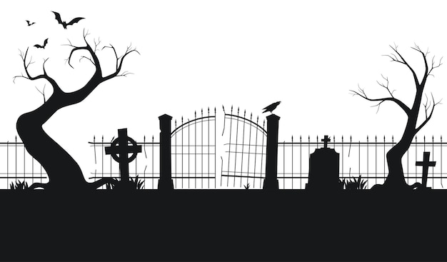 Panorama met enge silhouetten van bomengraven en verlaten gebouwen Halloween-achtergrond Vectorillustratie